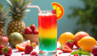 Fototapeta premium Colorful layered rainbow cocktail with fresh fruit.