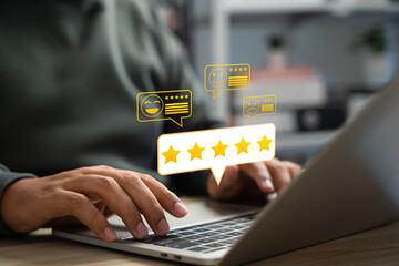 Online customer satisfaction Survey service concept, client rate service from experience in application,Consumer give five-Stars and feedback review for quality, Business reputation ranking from buyer