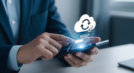 Person using smartphone for cloud data backup mobile phone