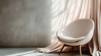 A stylish, minimalist chair positioned next to softly draped curtains allows gentle light to stream in, creating a serene, comforting space for relaxation and contemplation.