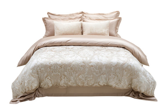 Elegant beige bedding set with intricate damask pattern.