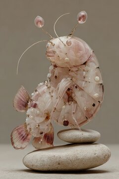 Squilla mantis, which are also referred to as spanish galeras, are sitting on a stack of rocks