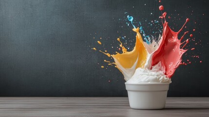 A vibrant splash of paint in yellow, orange, red, and blue erupts from a white container, symbolizing creativity, energy, and artistic expression in a striking composition.