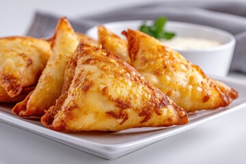 Golden crispy samosas with melted cheese on a white plate served with dip sauce