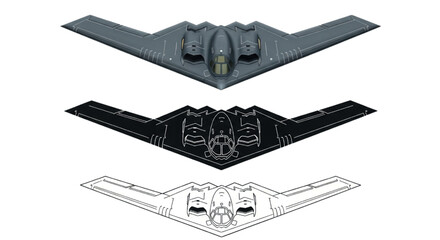 Futuristic B-2 Stealth Bomber – 3 Unique Top-Down Illustrations: Realistic Render, Bold Silhouette & Blueprint Line Art

