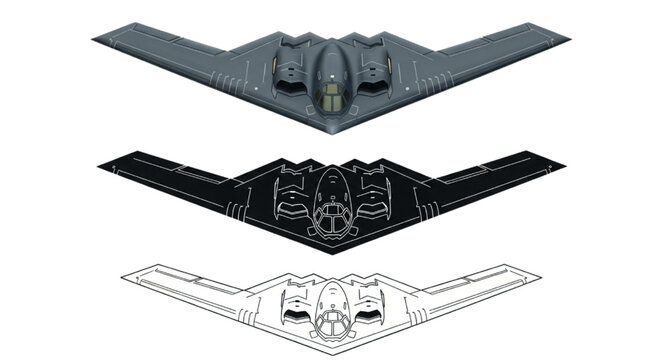 Futuristic B-2 Stealth Bomber &ndash; 3 Unique Top-Down Illustrations: Realistic Render, Bold Silhouette & Blueprint Line Art

