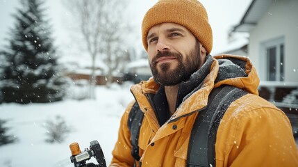 A joyful man wearing a warm orange coat and hat stands in a snowy landscape, capturing the beauty of winter while holding a camera, ready for an adventure in nature.