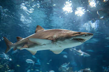 Naklejka premium a shark with its mouth open swimming in a tank