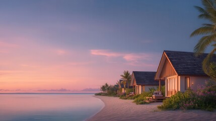 Serene Beachfront Resort with Wooden Villas at Sunset Glow