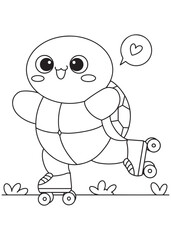 Coloring book turtle happily roller skating with a sweet heart floating above