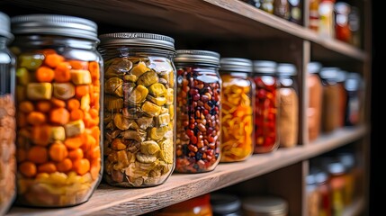 Colorful Jars of Preserved Vegetables and Fruits on Wooden Shelves