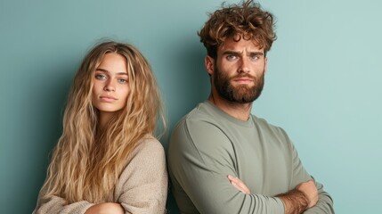 A modern photo depicting a young couple standing back to back upon a pastel background, capturing contemporary fashion and a sense of disconnect.