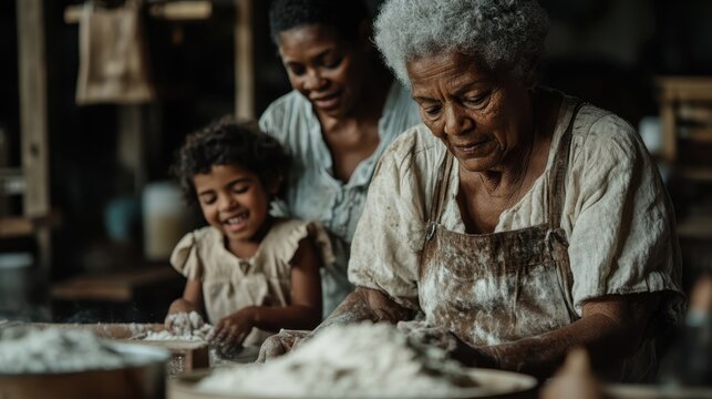 A tender moment as a grandmother, mother, and daughter joyfully bake together in their rustic kitchen, surrounded by flour and love, symbolizing family connections through generations.
