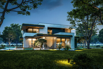 Fototapeta premium 3d rendering of two-story house with parking and pool for sale or rent with concrete facade and beautiful landscaping. Clear summer night with many stars on the sky