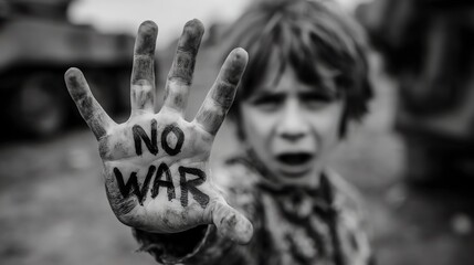 Child's Hand with "NO WAR" Slogan Against War Background