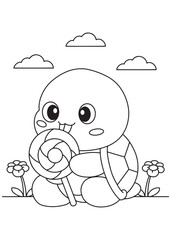 Coloring book turtle happily enjoying a swirl lollipop