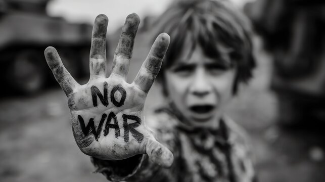 Child's Hand with "NO WAR" Slogan Against War Background