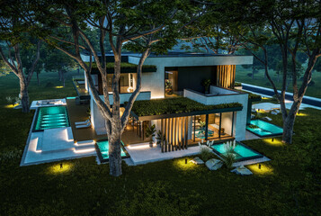 3d rendering of two-story house with parking and pool for sale or rent with concrete facade and beautiful landscaping. Clear summer night with many stars on the sky