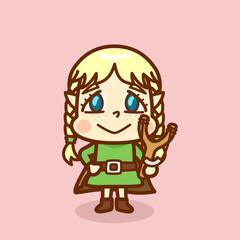 手にパチンコを持つ幼いエルフの女の子のイラスト／
Illustration of a little elf girl holding a slingshot