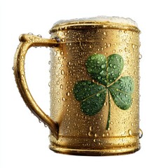 A vintage brown ceramic beer mug with a handle and green leaves is isolated on a white background
