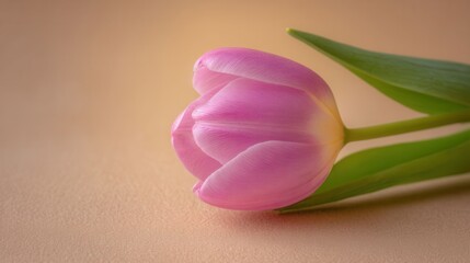 Single Pink Tulip Leaning Gently on a Soft Plain Surface