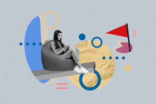 Fototapeta Poster graphics collage of people sit chair write copybook direct flags on grey color background