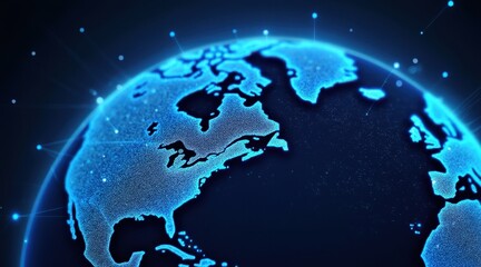 A glowing digital representation of Earth with illuminated continents and network connection points on a dark background.