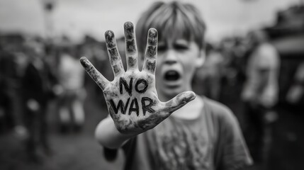 Child's Hand with "NO WAR" Slogan Against War Background