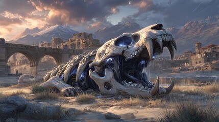 Fototapeta premium A desert rock supports an animal skull, captured in exquisite detail under a soft sunset in a photorealistic manner