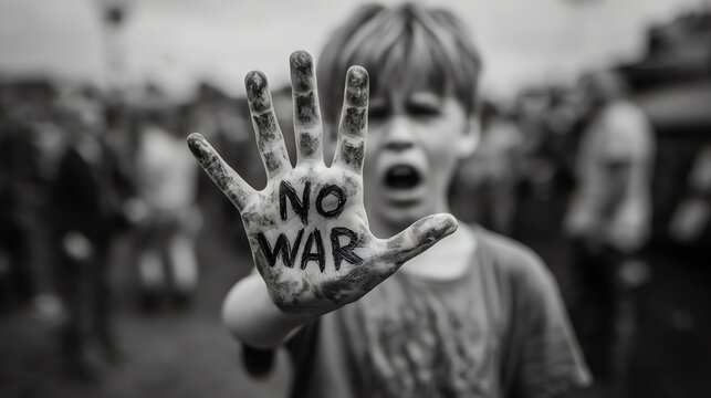 Child's Hand with "NO WAR" Slogan Against War Background