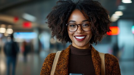 A confident young woman with curly hair and glasses smiles warmly while standing in a bustling environment, showcasing her playful spirit amidst the fast-paced urban life.