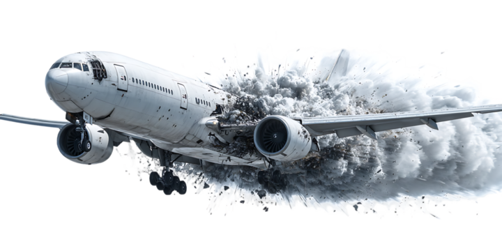 Airplane exploding in mid air, dramatic scene.