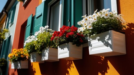 Fototapeta premium Brightly colored flower pots filled with blooming flowers hang from a vibrantly painted wall, adding charm and beauty to the outdoor space, showcasing the joy of nature.