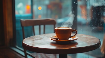A warm, half-steamed cup of coffee on a table set for two one chair is missing. The atmosphere is soft and rainy outside the window