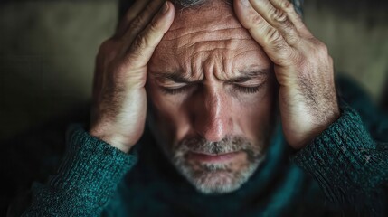 A worried man clutches his head with an expression of stress and anxiety, conveying a deep sense of pressure and emotional turmoil in a relatable moment of worry.