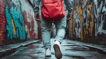 A person walks down a colorful alleyway adorned with vibrant graffiti, symbolizing urban culture and the expressive nature of street art in modern society.