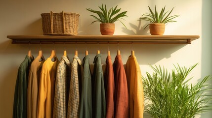 Stylish Earth-Toned Outfits Displayed in Tranquil Fashion Store