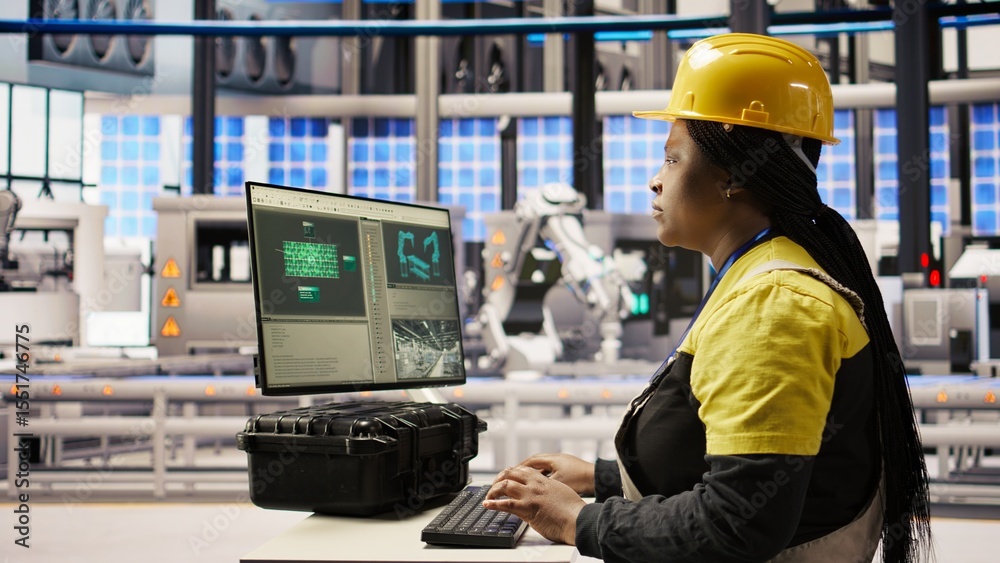 Poster engineer in photovoltaics factory using pc display to look at system performance metrics. worker in 