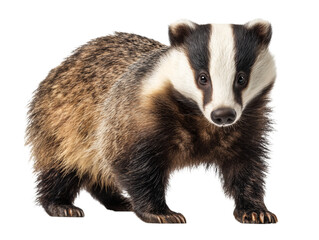Fototapeta premium A detailed, studio-shot portrait of a badger, showcasing its distinctive black and white facial markings and robust body.