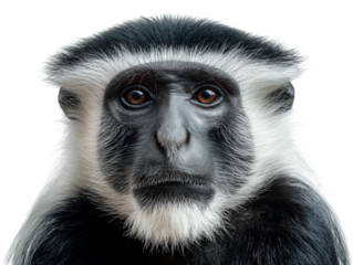 A close-up shot of a captivating colobus monkey. the black and white fur. His eyes look straight to the viewer. 