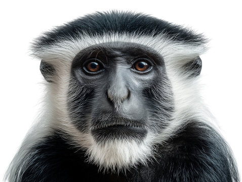 A close-up shot of a captivating colobus monkey. the black and white fur. His eyes look straight to the viewer. 