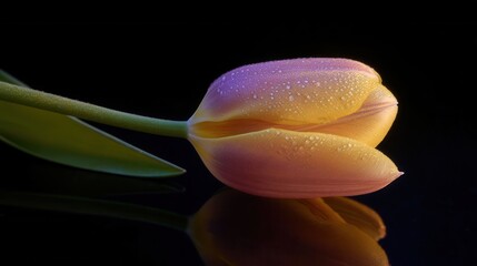 Tulip with Reflected Light on Curved Petal Against Dark Background