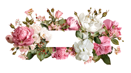 Floral frame with pink and white roses, perfect for invitations or announcements.