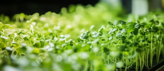 Microgreens are growing densely in an indoor vertical farm, thriving under the bright glow of grow lights, showcasing modern agricultural techniques for sustainable food production
