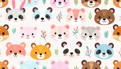 Seamless pattern of cute cartoon animal faces
