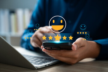 Customer using tablet give five star rating, Submit satisfaction survey through online application. Positive feedback highlight excellent service and product quality, improving brand reputation.