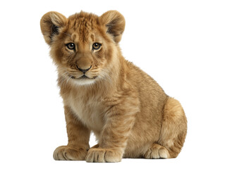 Obraz premium A captivating portrait of a young lion cub, embodying innocence and curiosity, sits poised