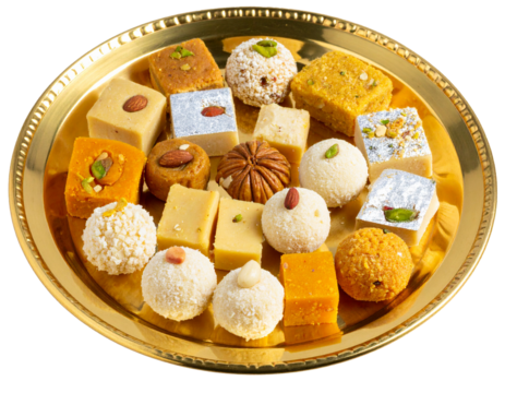 assortment of Indian Sweets in Royal Dish - Isolated PNG of Indian Sweets Laddoo, Chakki, Badam Brazil, Ladoo, rakshabandhan