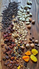 Wooden surface displaying nutritious breakfast ingredients: dried fruits, nuts, seeds, rolled oats, cocoa nibs spread in appetizing arrangement