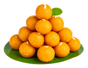 Pyramid stack of motichoor laddus with leaf base, isolated PNG – Indian sweet